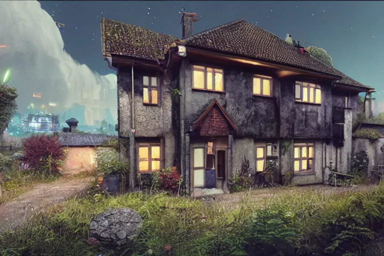 Image similar to cyberpunk, an estate agent listing external photo of a 5 bedroom detached house in the countryside, by Paul Lehr, highly detailed, photorealistic, 8k, anamorphic, cinestill cinematrography