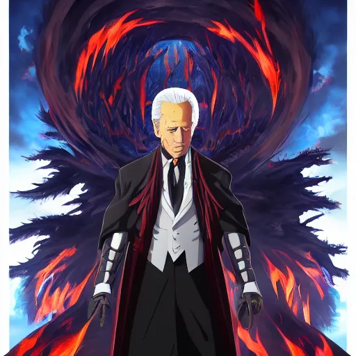 Image similar to portrait of dark biden as the master of the dark flames of destruction, anime fantasy illustration by tomoyuki yamasaki, kyoto studio, madhouse, ufotable, trending on artstation