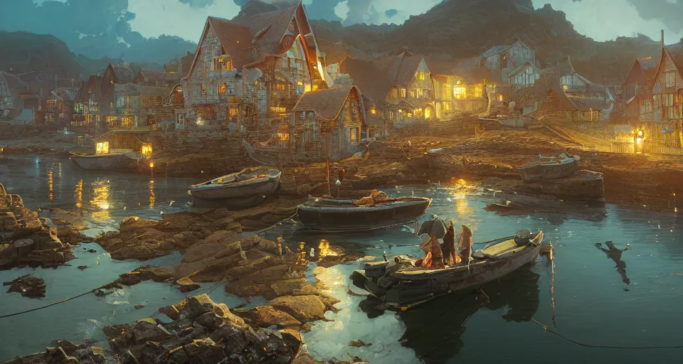 Prompt: highly detailed victorian cornish fishing village, stephen bliss, unreal engine, greg rutkowski, loish, rhads, beeple, makoto shinkai and lois van baarle, ilya kuvshinov, rossdraws, tom bagshaw, tom whalen, alphonse mucha, global illumination, god rays, detailed and intricate environment