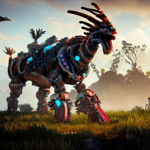 Image similar to cinematic still of horizon zero dawn, si - fi robotic dragon, highly detailed