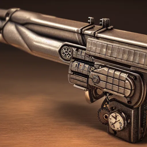 Prompt: product photography of a steampunk pistol that looks like a bladerunner blaster, realistc, hyperdetailed, realistic lighting, replica model, octane render, unreal engine 5,