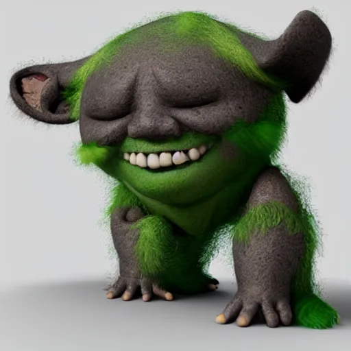 Image similar to cute little troll, with sticky up hair , 3D render , digital art