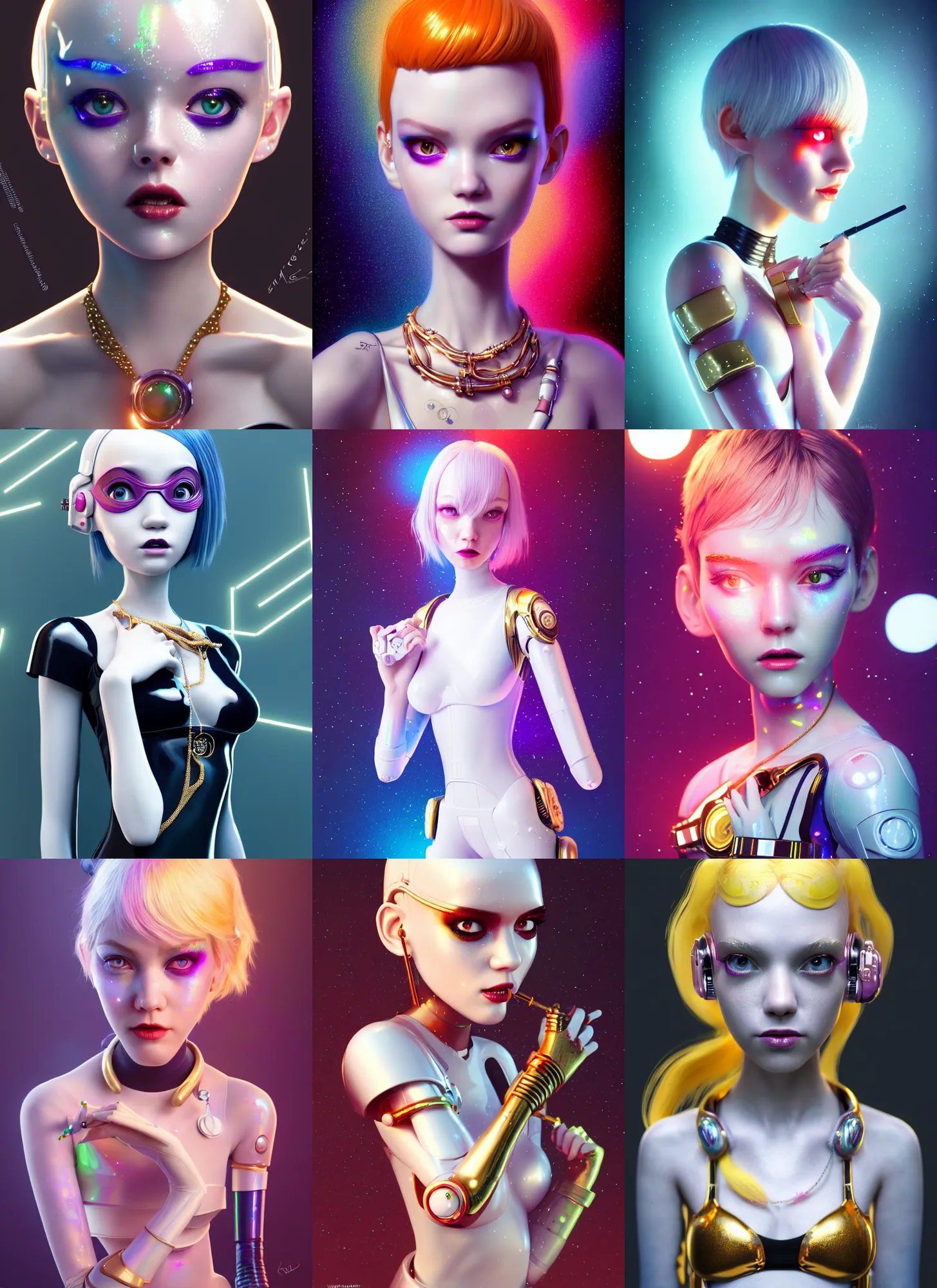 Prompt: pixar 8 k photo, beautiful shiny white porcelain rich grand pearlescent leeloo edc star wars decora cyborg college girl, rapper jewelry, golden ratio, sci fi, fantasy, cyberpunk, intricate, decadent, highly detailed, digital painting, octane render, artstation, concept art, smooth, sharp focus, illustration, art by loish, wlop