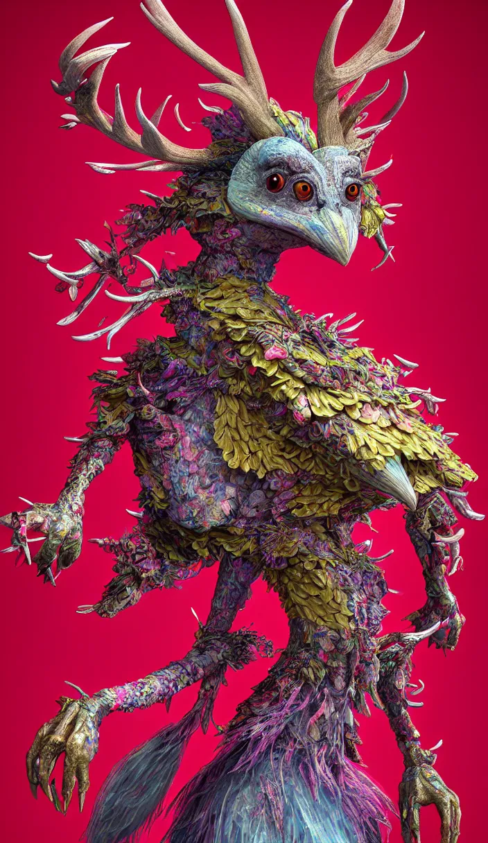Image similar to hyper detailed 3d render like a Oil painting - kawaii full body portrait Aurora (a beautiful skeksis queen from dark crystal that looks like Anya Taylor-Joy with hooves and antlers) seen red carpet photoshoot in UVIVF posing in scaly dress to Eat of the Strangling network of yellowcake aerochrome and milky Fruit and His delicate Hands hold of gossamer polyp blossoms bring iridescent fungal flowers whose spores black the foolish stars by Jacek Yerka, Ilya Kuvshinov, Mariusz Lewandowski, Houdini algorithmic generative render, Abstract brush strokes, Masterpiece, Edward Hopper and James Gilleard, Zdzislaw Beksinski, Mark Ryden, Wolfgang Lettl, hints of Yayoi Kasuma, octane render, 8k