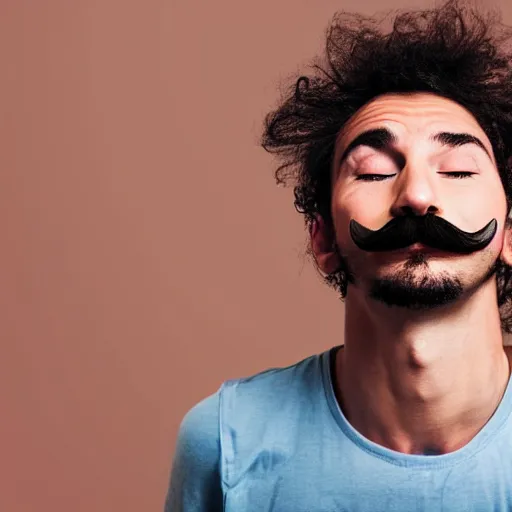 Image similar to mustached man looking up in ecstasy with his eyes closed against a brown backdrop