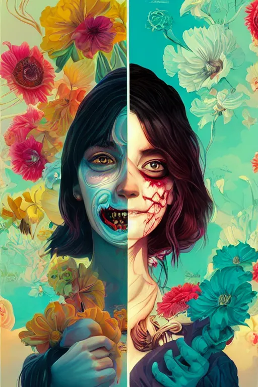 Image similar to a smiling cute zombie woman beautiful skin and wavy hair, tristan eaton, victo ngai, artgerm, rhads, ross draws