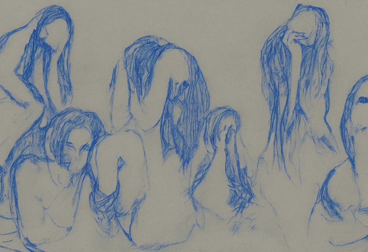 Image similar to a blue drawing of 3 maria's in a landscape crying