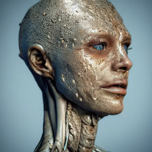 Image similar to photo taken of an epic intricate, ultra detailed, super realistic gritty, wet, lifelike sculpture of an humanoid android creature with bioluminescent patches of skin created by weta workshop, zoomed in shots, subsurface scattering, photorealistic, sharp focus, white wall coloured workshop, cold colour temperature, f 0. 4, face centred, golden ratio,