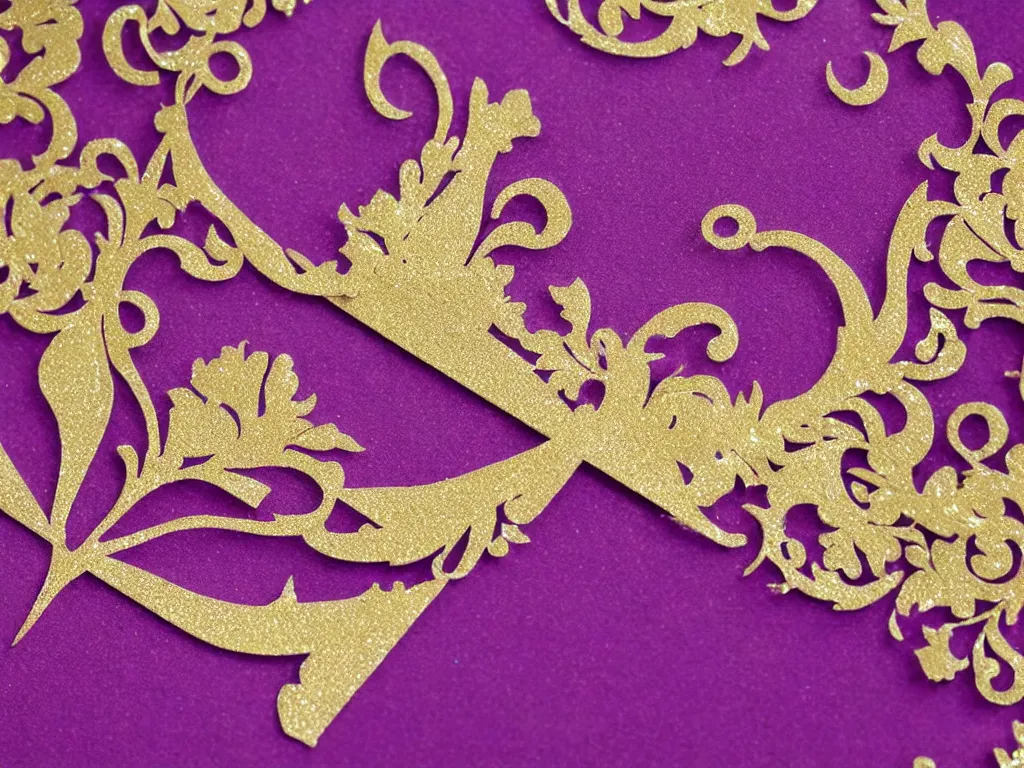 Image similar to Rich purple paper with delicate gold embossed borders, a card that is an invitation to a masquerade ball, intricate, beautiful, opulent