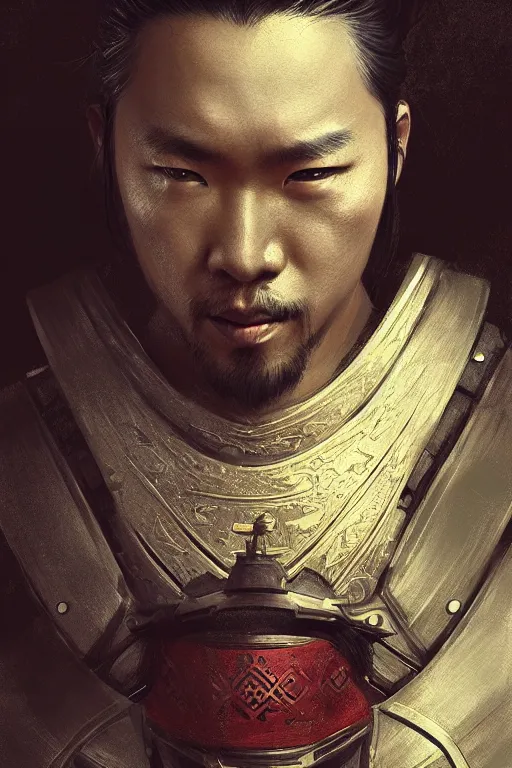 Image similar to highly detailed portrait of a samurai warrior, ornate, digital painting, artstation, concept art, smooth, clear focus, greg rutkowski, artgerm, global lighting, detailed and fantasy