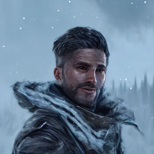 Prompt: A comic book style portrait painting of a male ranger in a a post apocalyptic winter landscape, unreal 5, DAZ, hyperrealistic, octane render, RPG portrait, ambient light, dynamic lighting