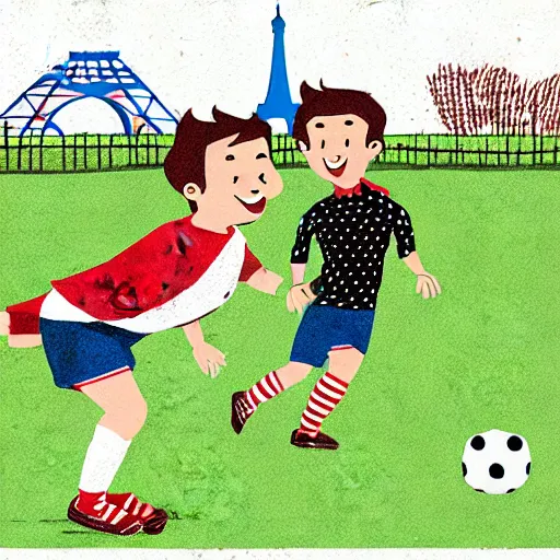 Image similar to illustration of french boy in paris playing football against a corgi who is wearing a polka dot scarf