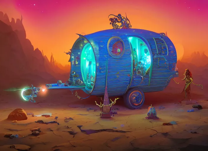 Image similar to a luminescent gypsy caravan by paolo eleuteri serpieri and tomer hanuka and chesley bonestell and daniel merriam and tomokazu matsuyama, unreal engine, high resolution render, featured on artstation, octane, 8 k, highly intricate details, vivid colors, vector illustration