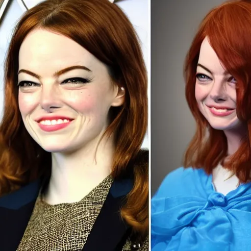 Prompt: a goldfish human in real life that looks like exactly like emma stone