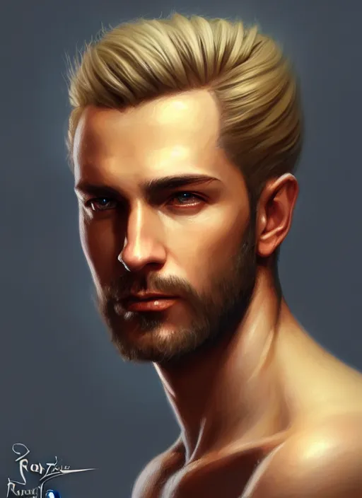Image similar to a _ fantasy _ style _ portrait _ painting _ of wizard male, medium length hair, blonde pulled back side part and blonde stubble, brown eyes, rpg dnd oil _ painting _ unreal _ 5 _ daz. _ rpg _ portrait _ extremely _ detailed _ artgerm _ greg _ rutkowski _ greg