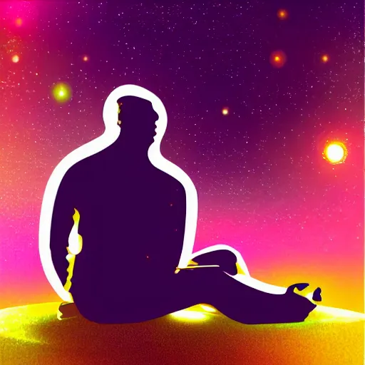 Image similar to a calm man sitting in space listening to music, synthwave, retro, acrylic art blurry background, depth of field,