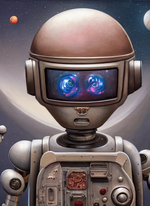 Prompt: highly detailed closeup, portrait of a retro robot deep space explorer, unreal engine, nicoletta ceccoli, mark ryden, earl norem, lostfish, global illumination, detailed and intricate environment