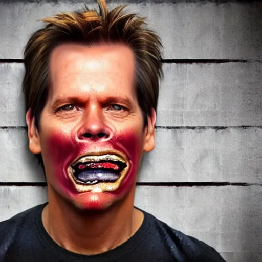 Image similar to kevin bacon face wrapped inside a cheeseburger