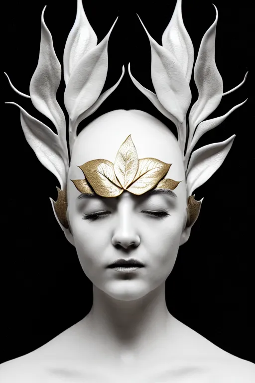 Image similar to monochrome close - up profile face, black background, beautiful porcelain vegetal - dragon - cyborg - female, beautiful natural soft rim light, silver gold details, magnolia leaves and stems, roots, mandelbot fractal, elegant, hyper real, ultra detailed, white metallic armour