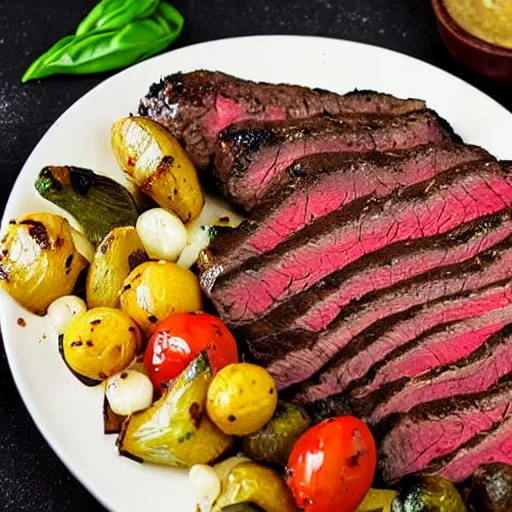 Prompt: delicious 3 2 mm zoomed in adversities photography of a large smoked and seasoned steak well done, with a side seasoned grilled vegetables top in a creamy mozzarella cheese sauce, on a hot platter, very delicious