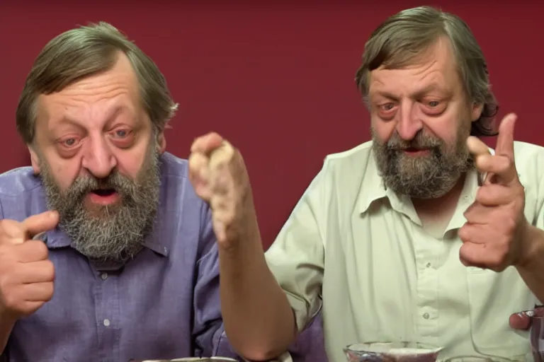 Prompt: Slavoj Žižek mukbang, youtube thumbnail