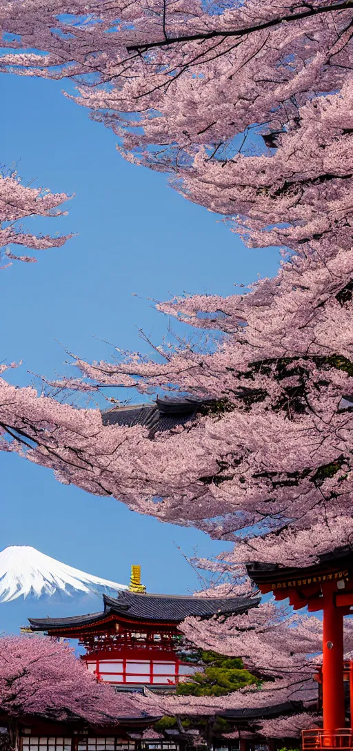 Prompt: a Shinto temple surrounded by a Sakura garden, mount Fuji in the background, stunning japanese aesthetics, studio photography, highly detailed