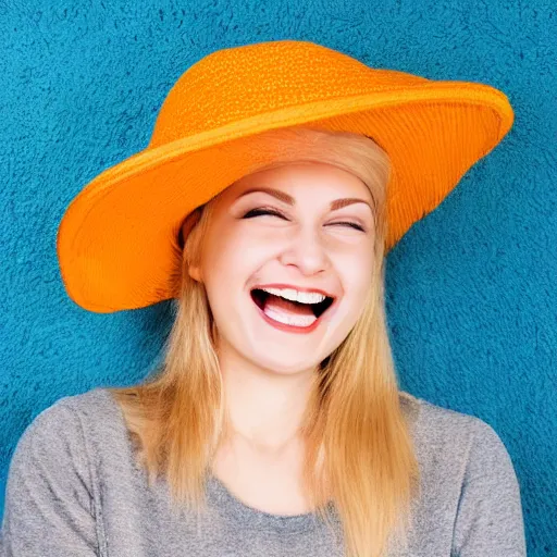 Image similar to portrait of a smiling 2 5 - year - old woman with 9 0 degree nails pretty face, perfect eye look up a bit, medium yellow blond hair, character with an orange hat, hair comes out of the hat a little