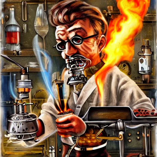 Prompt: mad scientist cooking pizza with a blowtorch, steampunk painting