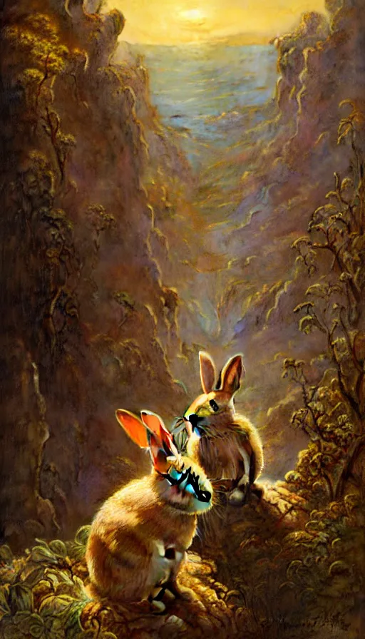 Image similar to rabbit looking off of a cliff, sun setting behind rabbit, lush forest in valley below, painted by tom bagshaw, james gurney, gaston bussiere, craig mullins, j. c. leyendecker 8 k