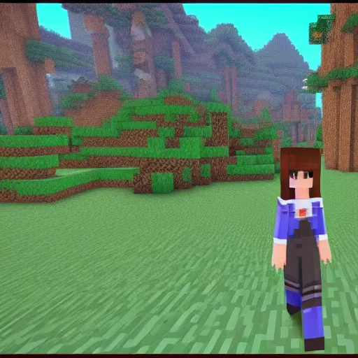 Prompt: a giant anime girl in minecraft