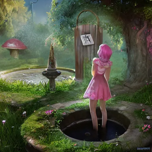 Prompt: E-girl talks to a magical well, in the backyard of an overgrown suburb, beautiful detail, unreal engine, concept art