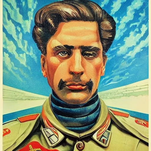 Image similar to a detailed and complex, highly detailed, concept art, soviet propaganda poster depicting a portrait of fierljeppen. painting by irakli toidze