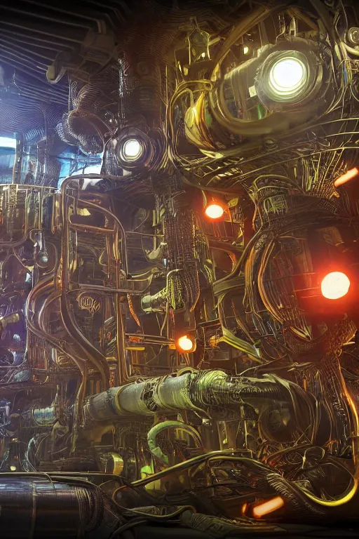 Prompt: cyberpunk octopus, glowing vacuum tubes, symmetric realistic digital art, 3 d render of two huge futuristic steampunk generators inside a huge steampunk engine, 8 k, fluorescent colors, halluzinogenic, multicolored, exaggerated detailed, unreal engine