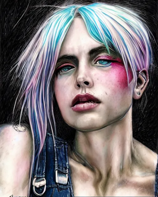 Prompt: realistic attractive grungy woman with rainbow hair, drunk, angry, soft eyes and narrow chin, dainty figure, long hair straight down, torn overalls, basic white background, side boob, tattooed, pierced, flirty, wet shirt, wet, raining, highly detailed face, realistic face, beautiful detailed eyes, fantasy art, in the style of greg rutkowski, illustration, epic, fantasy, intricate, hyper detailed, artstation, concept art, smooth, sharp focus, ray tracing, vibrant,