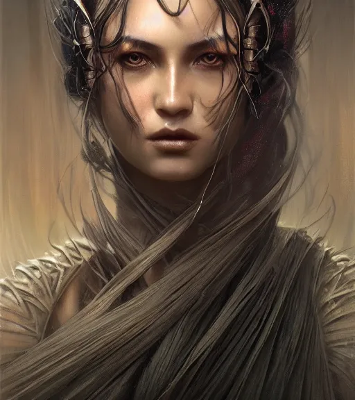 Image similar to portrait of a dark Jedi by karol bak, WLOP, James Jean, tom bagshaw, rococo, trending on artstation, fantasy magic fashion girl portrait, glossy eyes, face, fantasy, intricate, elegant, highly detailed, digital painting, concept art, smooth, sharp focus, illustration, cinematic lighting, hyper realism, octane render, 8k, hyper detailed.