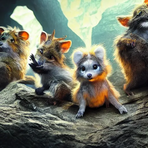 Image similar to several species of small furry animals gathered together in a cave and grooving with a pict, hyper detailed, dramatic lighting, cgsociety, realistic, hyper detailed, insane details, intricate, dramatic lighting, hypermaximalist, golden ratio, rule of thirds, octane render, weta digital, micro details, ultra wide angle, artstation trending, 8 k,