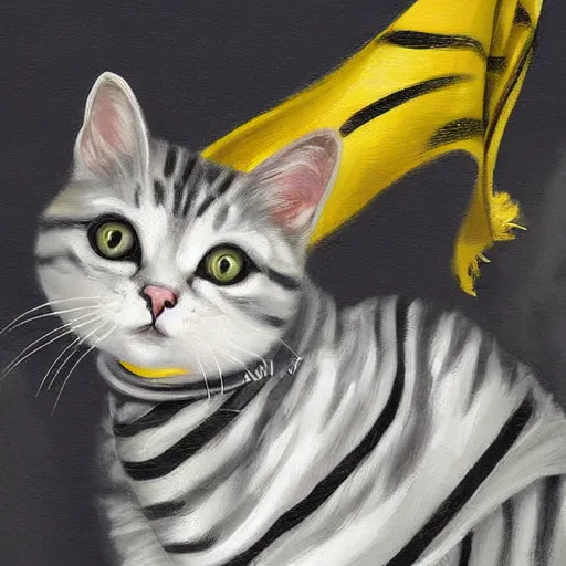 Image similar to oil painting extreme wide shot of a white and grey tabby cat wearing a black yellow striped hufflepuff scarf, in the gloucester cathedral cloisters, digital painting, high detail, award - winning, playful