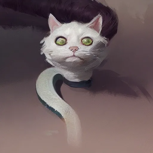 Image similar to Cat head with the body of an extremely long snake by Greg Rutkowski, artstation