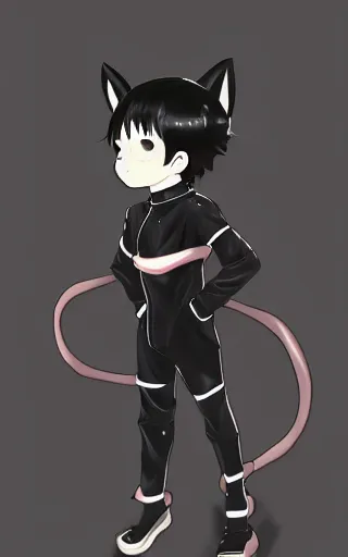 Prompt: little boy with cat ears wearing an black latex suit with cape. digital painting made by makoto shinkai and james jean and kohei horikoshi, perfect composition, highly sharp details, smooth