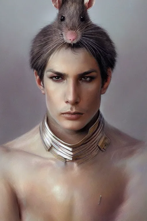 Image similar to photorealistic portrait photograph of a humanoid rat as a glorious regal space king, sleek outfit, upper body, fantasy, handsome, depth of field, soft focus, highly detailed, intricate, realistic, national geographic cover, soft glow, textured, artstation, concept art, sharp focus, illustration, art by artgerm and greg rutkowski and alphonse mucha