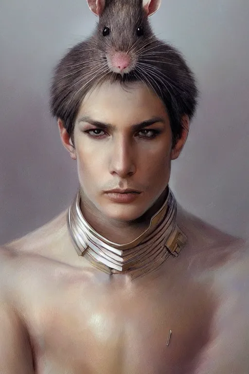 Prompt: photorealistic portrait photograph of a humanoid rat as a glorious regal space king, sleek outfit, upper body, fantasy, handsome, depth of field, soft focus, highly detailed, intricate, realistic, national geographic cover, soft glow, textured, artstation, concept art, sharp focus, illustration, art by artgerm and greg rutkowski and alphonse mucha