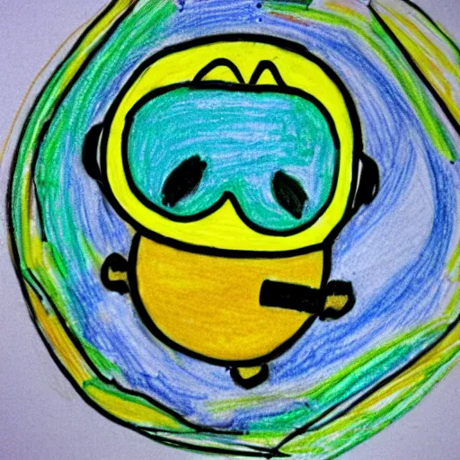 Prompt: A yellow lemon with sunglasses, drawn by a 6 year old kid using crayons.