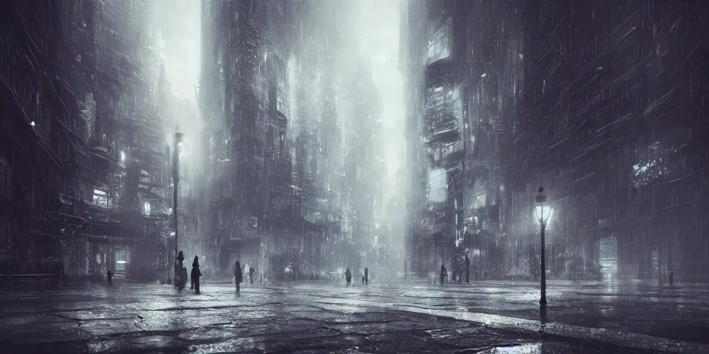 Image similar to a cold and melancholic city in a dark cavern, rainy and gloomy atmosphere, viewed from afar, fantasy digital art, octane render, beautiful composition, trending on artstation, award - winning photograph, masterpiece