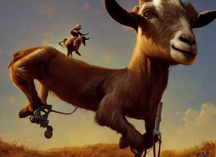 Prompt: ultra realistic portrait painting of a goat on roller blades, art by frank frazetta and beeple, 4 k, ultra realistic, highly detailed, epic lighting