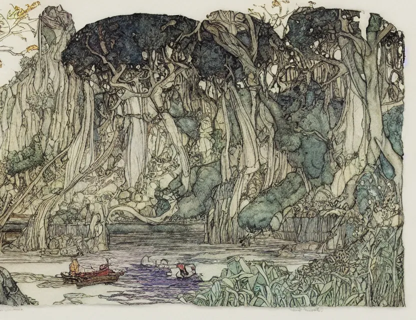 Image similar to a detailed, intricate watercolor and ink illustration with fine lines of the view from the river of an art nouveau rivendell, by arthur rackham and edmund dulac and lisbeth zwerger