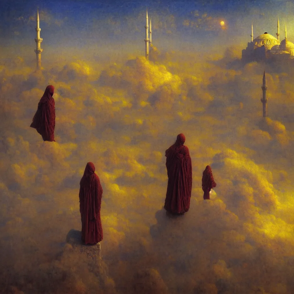 Prompt: a cinematic scene from the istanbul on clouds, osman hamdi bey, solidity and eternity, concept art by beksinski and jean delville, sharp focus, dramatic lighting, ultra hd, hdr, 8 k