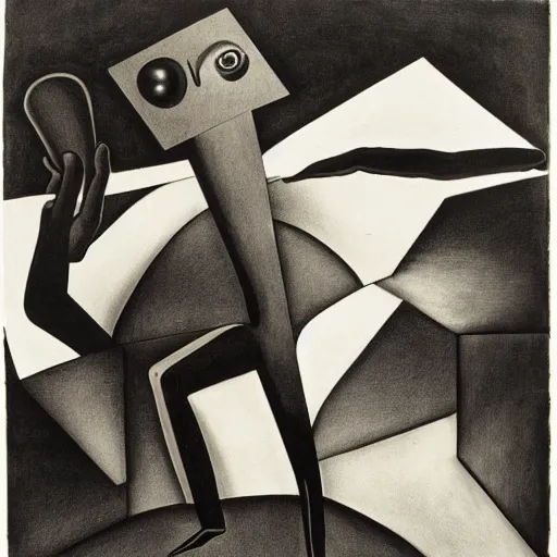 Prompt: desperation; pathetic creature with nothing to lose; hopelessness; drab landscape; desolation; man ray