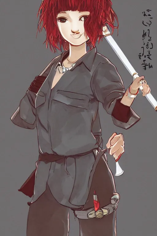 Image similar to young-looking dark-skinned female mage with brown bob-cut hair, wearing white shirt and necklace with grey short-sleeved jacket with red trim, belt, black pants and boots with red lacing, and carrying a wooden staff with floating red crystals. illustrated by Viorie