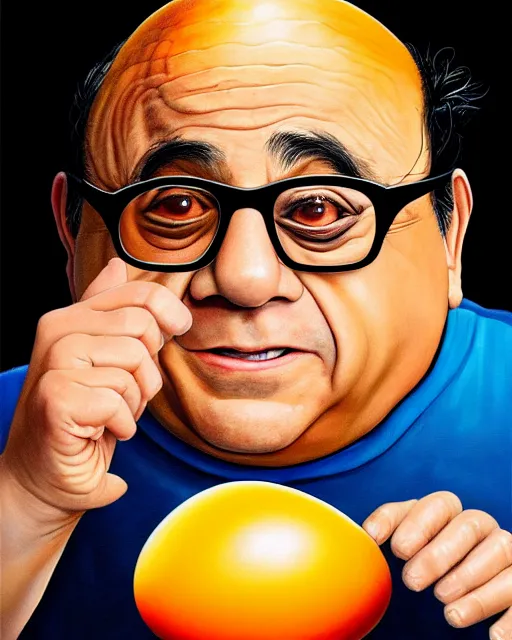 Image similar to painting portrait of danny devito as an egg, cartoon, warm lighting, danny devito has an egg body, movie poster, illustration by bartek fedyczak, erak note, tooth wu, neil richards, kan liu, siwoo kim, jisu choe, trending on art station