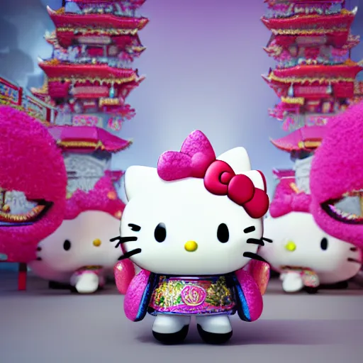 Prompt: hello kitty wearing asian ceremonial garb, standing centered in front of a nine headed dragon, 3 d, hyper realistic, 8 k, octane render